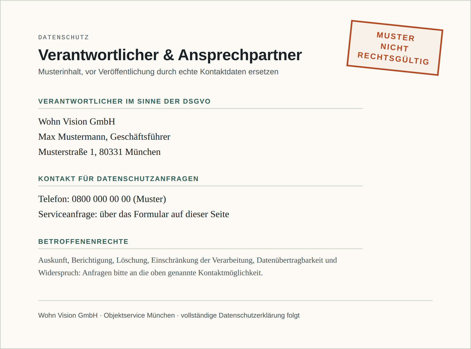 Datenschutz Verantwortlicher und Ansprechpartner (Musterinhalt, noch nicht rechtsgültig)